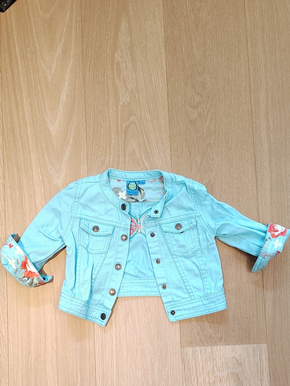 Light Aqua Girls' Jean Jacket with Floral Turn-Back Cuffs